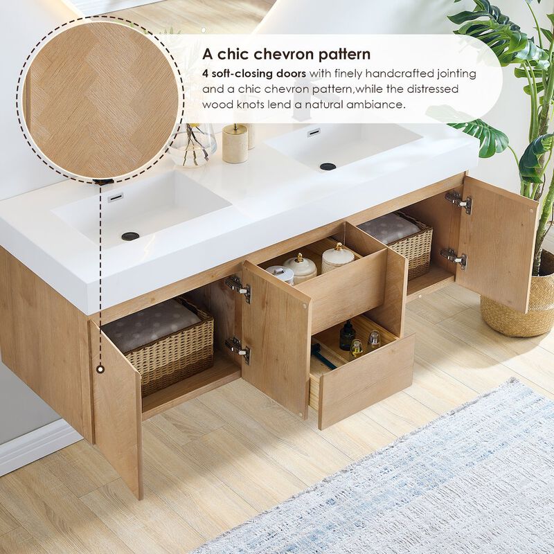 Altair-11 Double Bathroom Vanity in Light Brown White Artificial Drop-in Sink