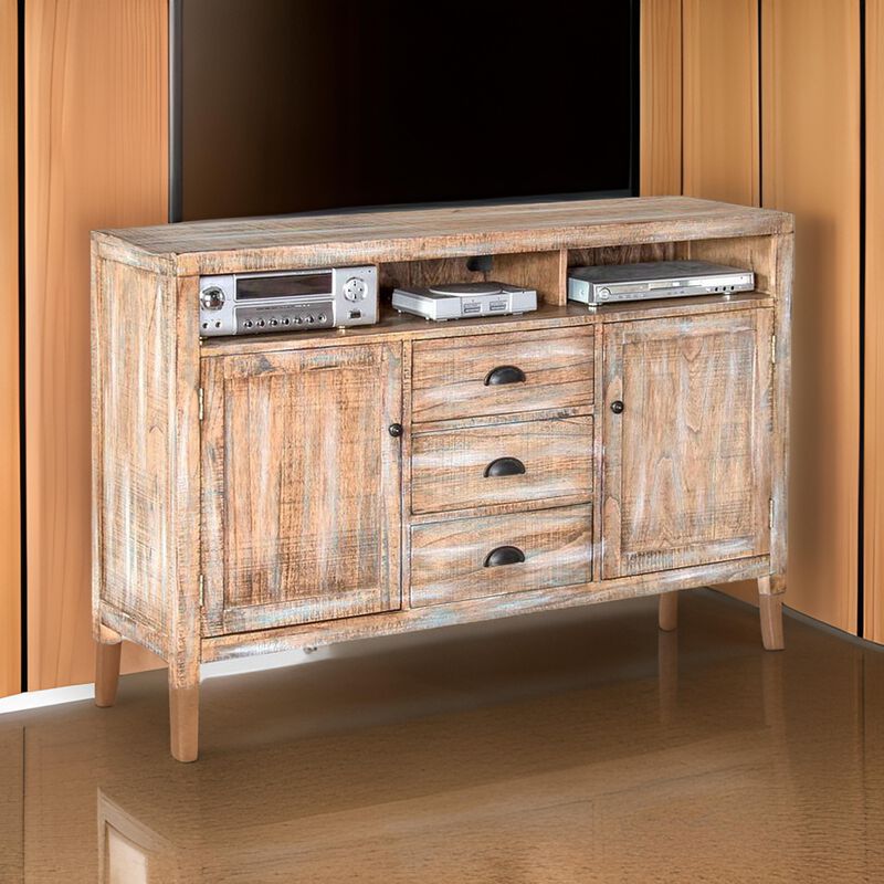 Rany TV Console, 60Wx36H Light Brown Mahogany, 5 Shelves, 3 Drawers - Benzara