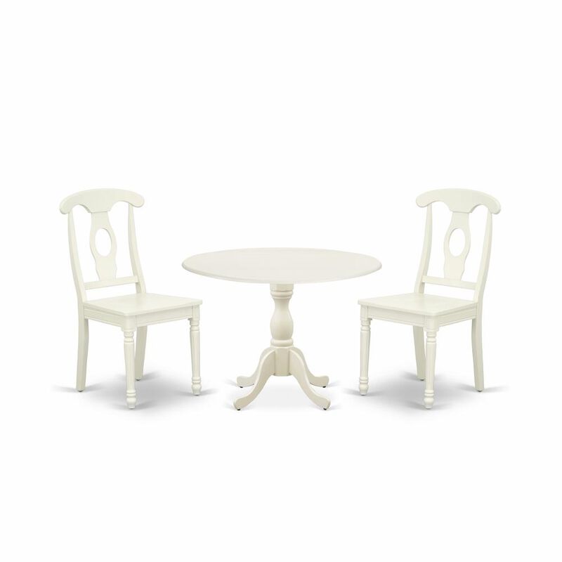 East West Furniture DMKE3-LWH-W 3 Piece Dinette Set Contains 1 Drop Leaves Wooden Dining Table and 2 Linen White Mid Century Dining Chairs with Napoleon Back - Linen White Finish