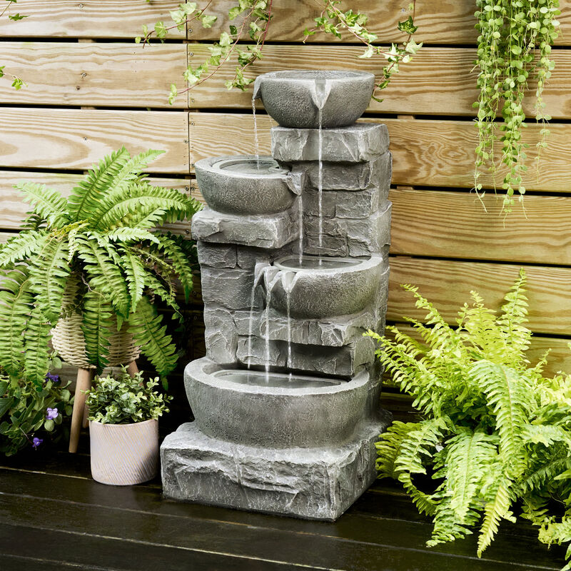 Cascading Bowls & Stacked Stones LED Outdoor Water Fountain image number 8