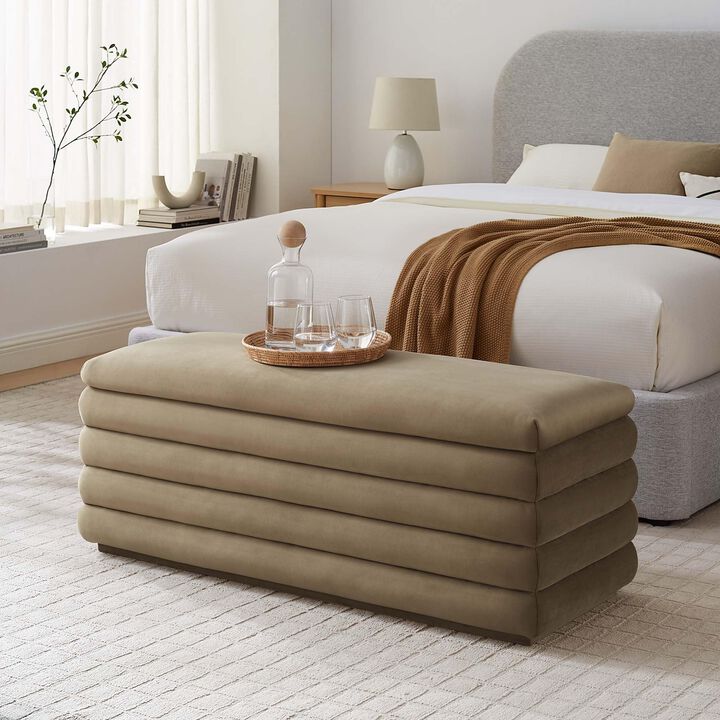 Modway Mezzo 46 Inch Performance Velvet Upholstered Storage Bench in Cadet Blue - Channel Tufted Ottoman for Bedroom, Entryway - Versatile Bed and Living Room Bench with Storage