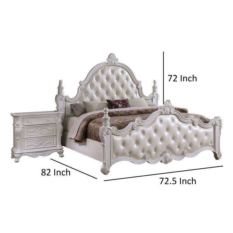 Moni Queen Bed, White Button Tufted Traditional Upholstery, Solid Wood