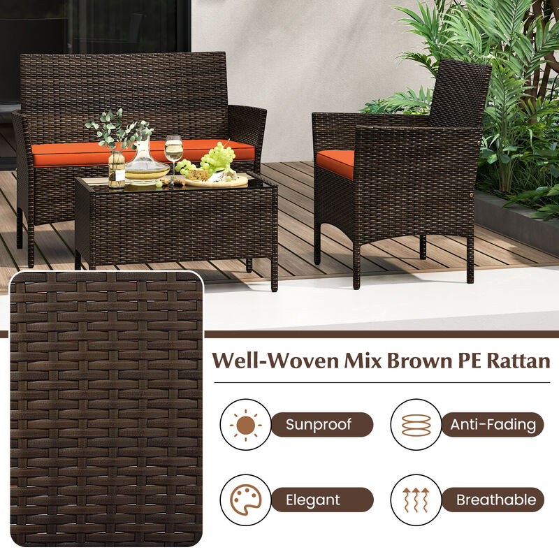 4 Piece Patio Rattan Conversation Set with Cozy Seat Cushions