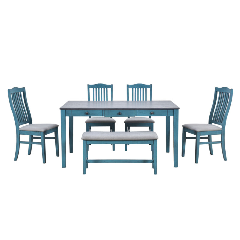Mid-Century 6-Piece Wood Dining Table Set, Kitchen Table Set with Drawer, Upholstered Chairs and Bench, Antique Blue image number 8