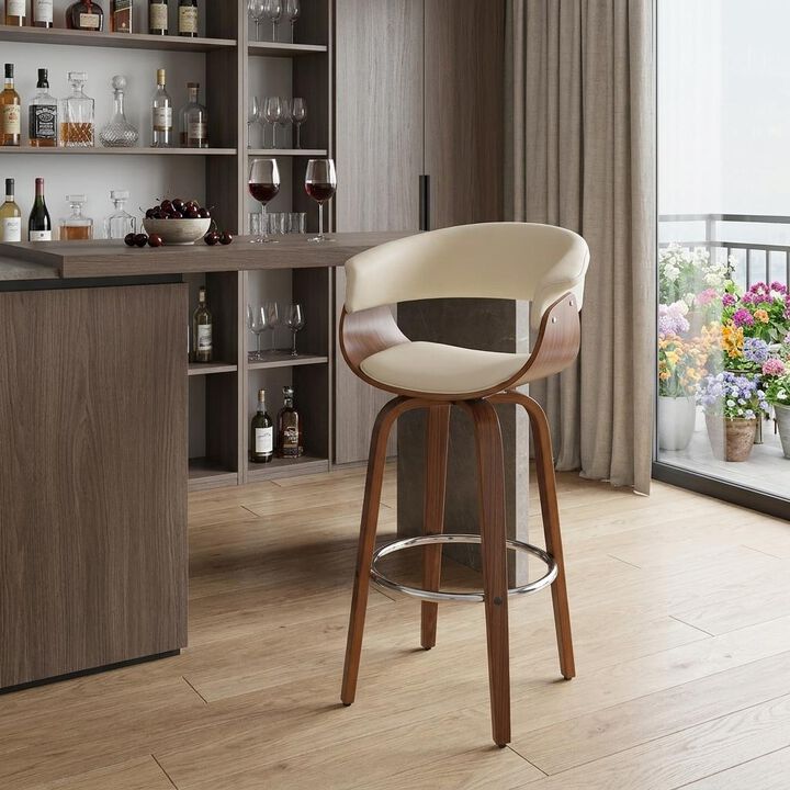 HomeRoots 31" Cream And Brown Faux Leather And Fabric And Solid Wood Low Back Bar Height Swivel Bar Chair