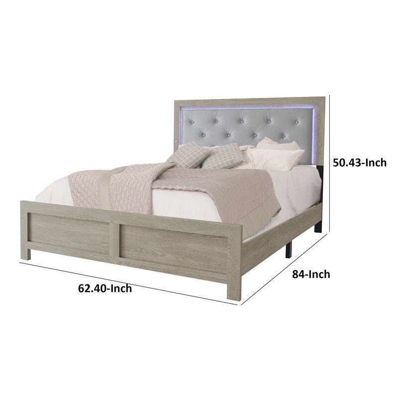 Ancy Queen Size Bed, Tufted and Upholstered Headboard, Light Gray Finish - Benzara