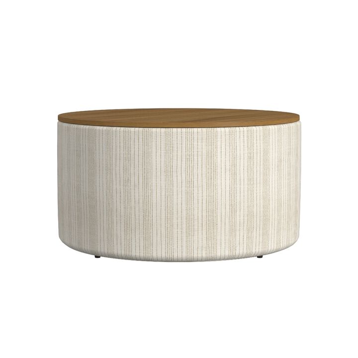 Jena Storage Ottoman, 30 Inch Round Lift Tray Top, Ivory Pinstripes