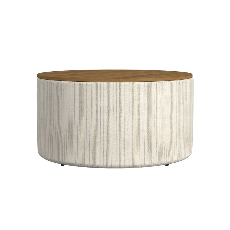 Jena Storage Ottoman, 30 Inch Round Lift Tray Top, Ivory Pinstripes