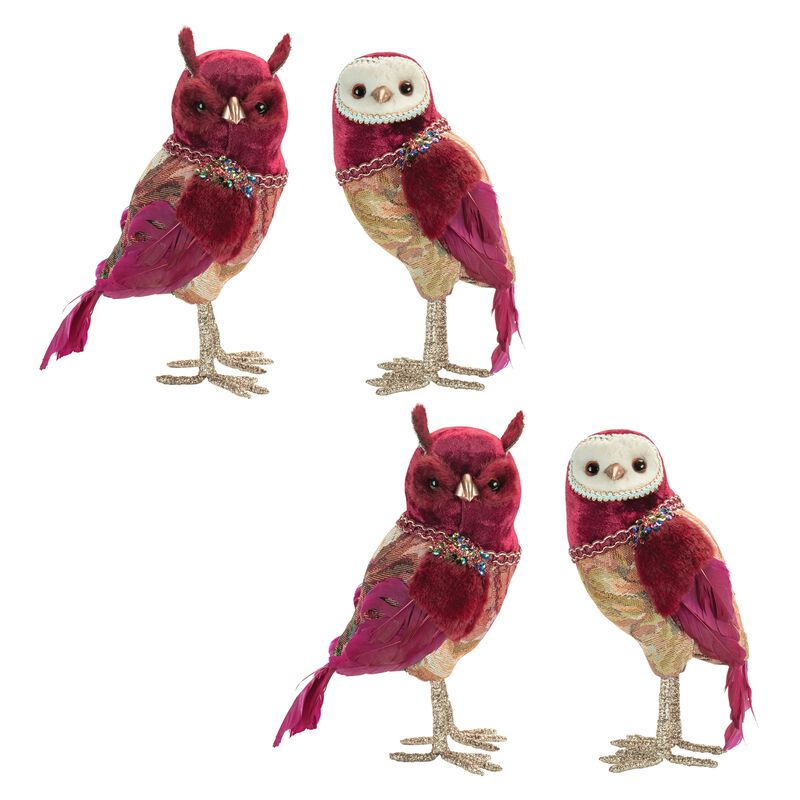 Set of 4 Decorative Owl Figures with Tapestry and Gem Accents for Holiday Styling