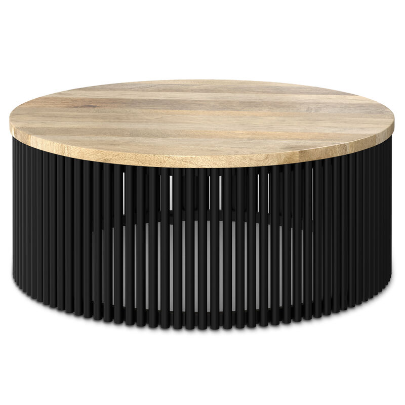 Demy  35 inch Wide Round Industrial Contemporary Coffee Table in Natural, Black, Fully Assembled
