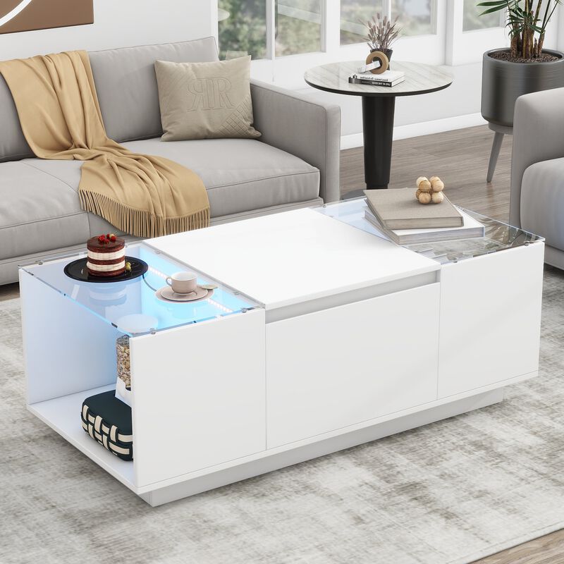 Clihome Led Coffee Table, Modern Center Table with High-Gloss Finish and Glass Tabletop image number 2