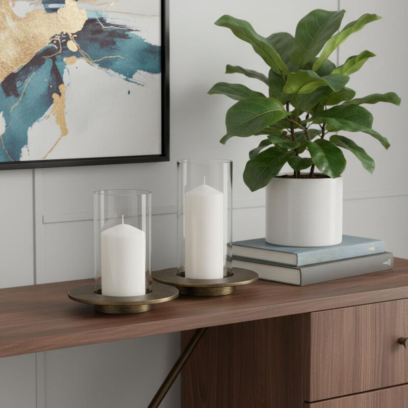 HomeRoots Set of Two Gold Distressed Geometric Metal Tabletop Hurricane Candle Holders