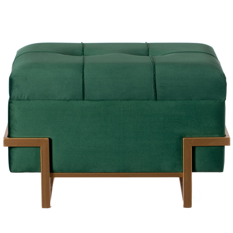 Rectangle Velvet Storage Ottoman Stool Box with Abstract Golden Legs | Decorative Sitting Bench for Living Room Home Decor with Unique Base Support (Green Small)