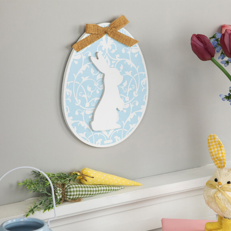 Easter Egg with Bunny and Burlap Bow Wooden Wall Decoration - 9.5" - Blue