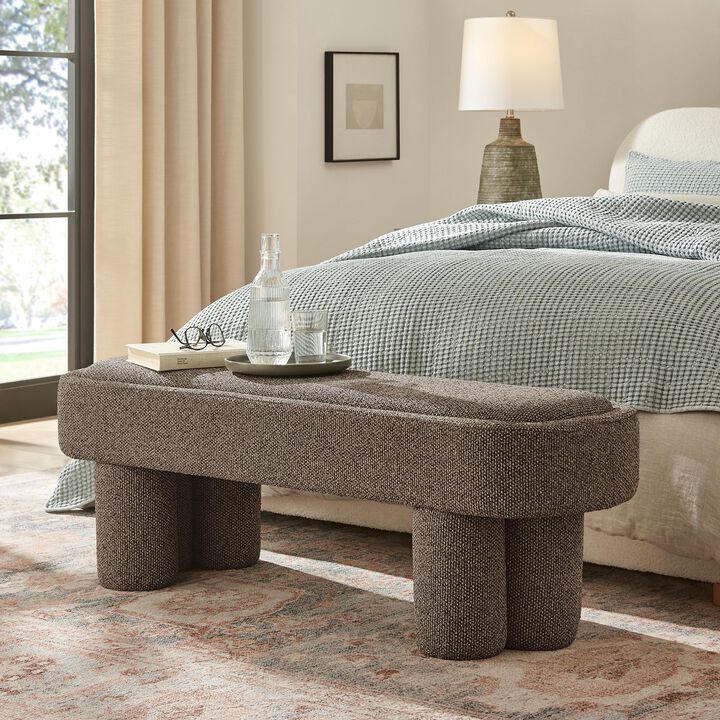 Modway Mossi 52-Inch Modern Oval Boucle Fabric Bench in Marble &ndash; Upholstered Accent Bench with Cylindrical Clover-Leg Base for Bedroom, Entryway, or Living Room