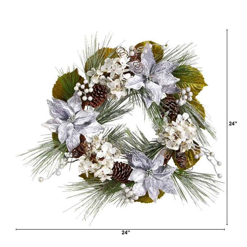 Nearly Natural 24-in Silver Poinsettia, Hydrangea and Pinecones Artificial Christmas Wreath