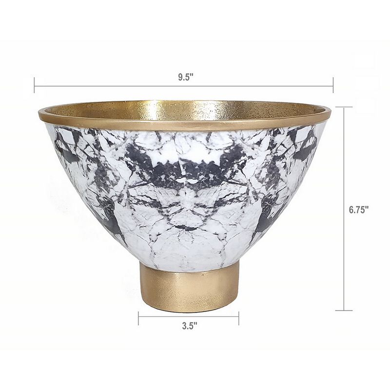 Sinzo 10 Inch Tapered Bowl, Gold Aluminum, Textured Design, Black, White  - Benzara