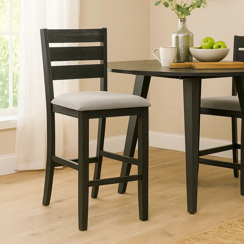 Woodlands 24 Inch Counter Height Chairs, Set of 2, Wheat Fabric Upholstered Seat, Black