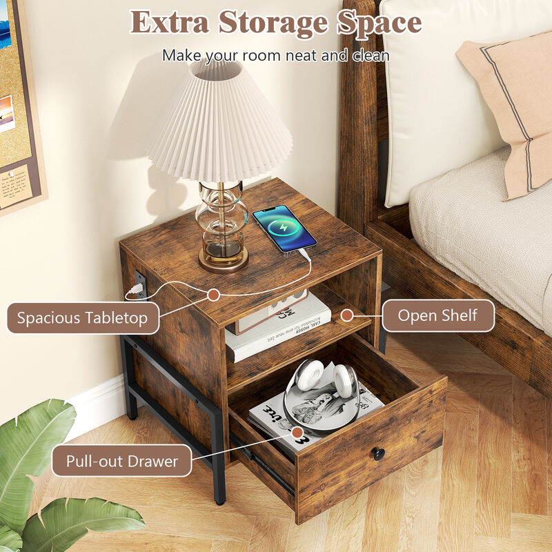 Rustic Brown Nightstand Sofa Side Table with Charging Station and Drawer