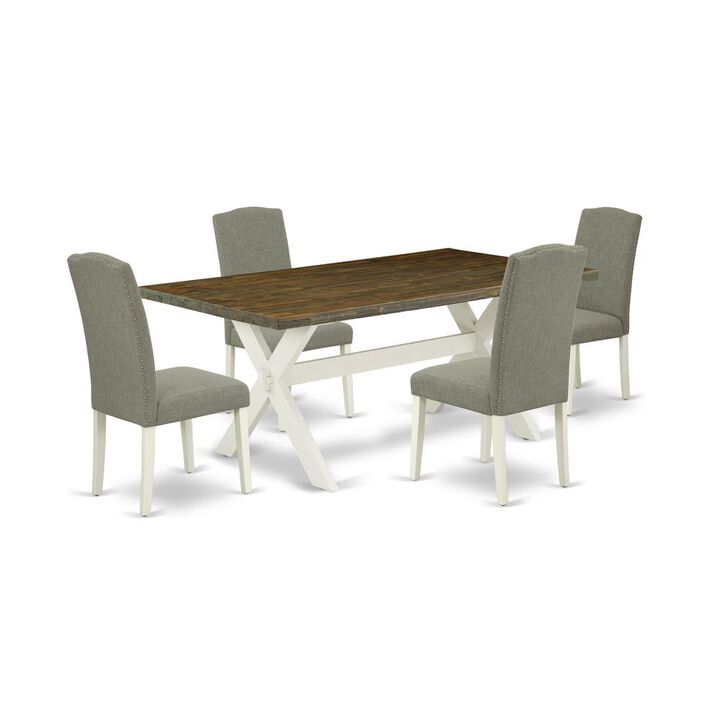 East West Furniture 5-Piece Modern an Excellent Distressed Jacobean Wood Table Top and 4 Amazing Linen Fabric Kitchen Chairs with Nail Heads and Stylish Chair Back, Linen White Finish