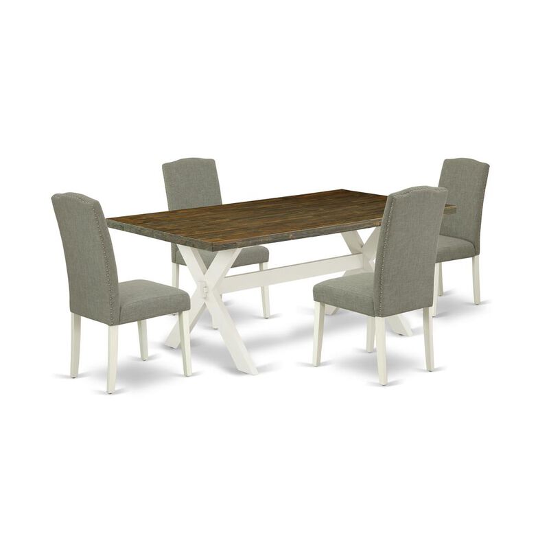 East West Furniture 5-Piece Modern an Excellent Distressed Jacobean Wood Table Top and 4 Amazing Linen Fabric Kitchen Chairs with Nail Heads and Stylish Chair Back, Linen White Finish