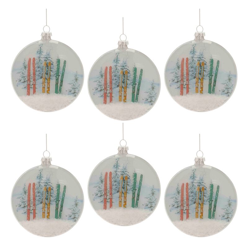 Glass Ski and Snow-Themed Disc Ornaments, Set of 6 for Festive Holiday Display