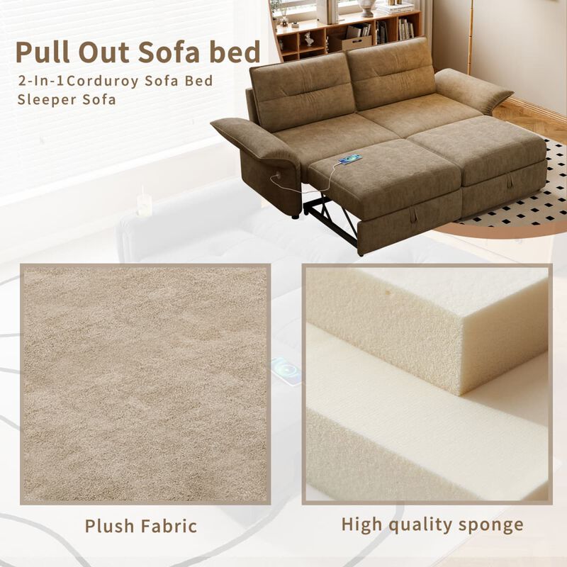 Convertible sleeper sofa bed, Plush fabric pull out futon with USB charging ports, 85 inch sofa bed for small spaces image number 7