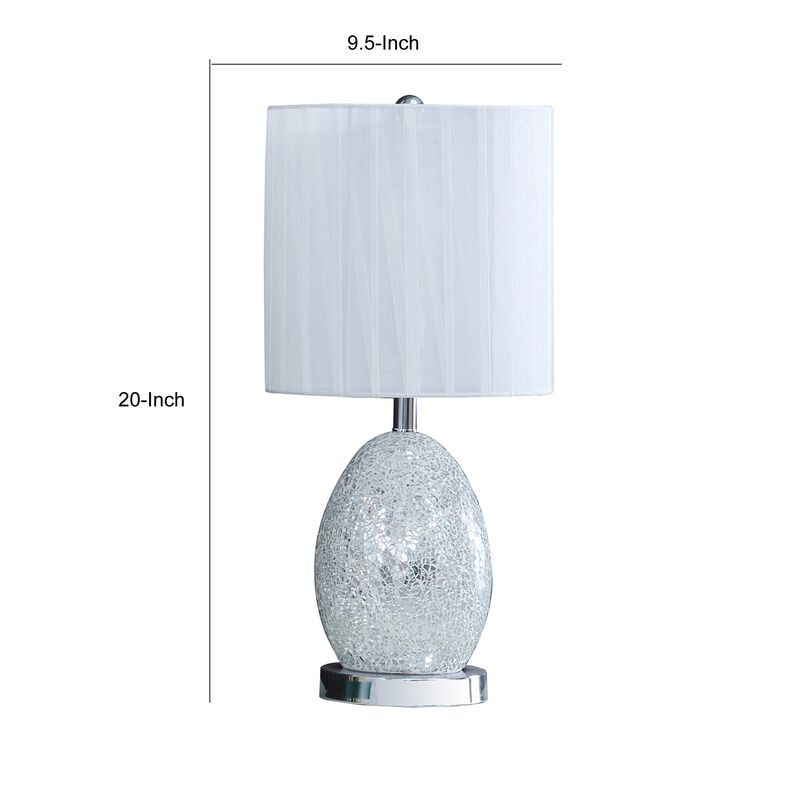 20 Inch Glass Table Lamp, 9W LED, 3 Way Switch, Egg Shape, Silver - Benzara