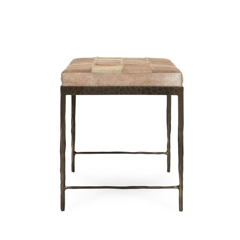 Leif Ottoman Bench with Brown Patchwork Leather Hide, Iron 28 Inch - Benzara