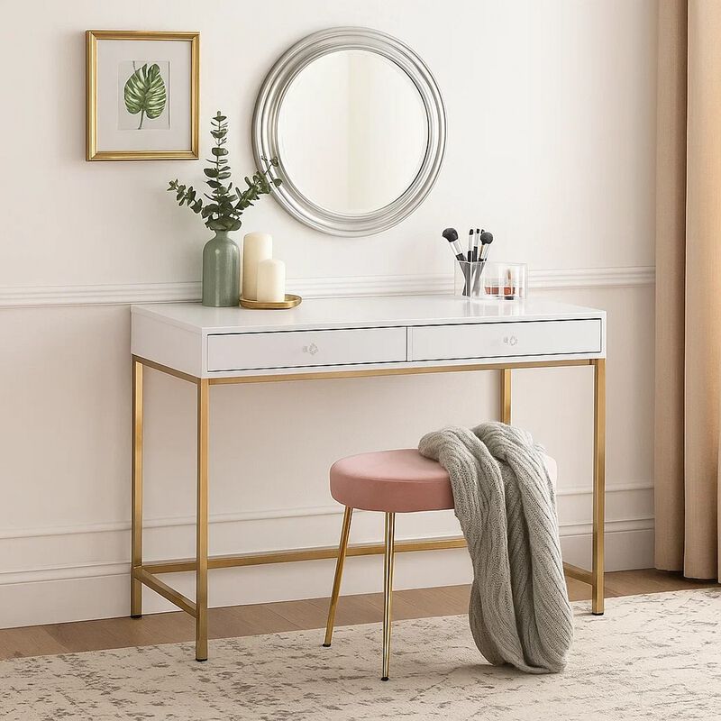 47 Inch Desk Console Table, 2 Drawers, Metal Frame, White, Gold