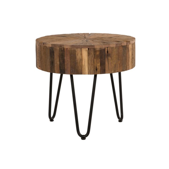 Zoro 22 Inch End Table, Reclaimed Wood, Hairpin Legs, Brown and Black-Benzara