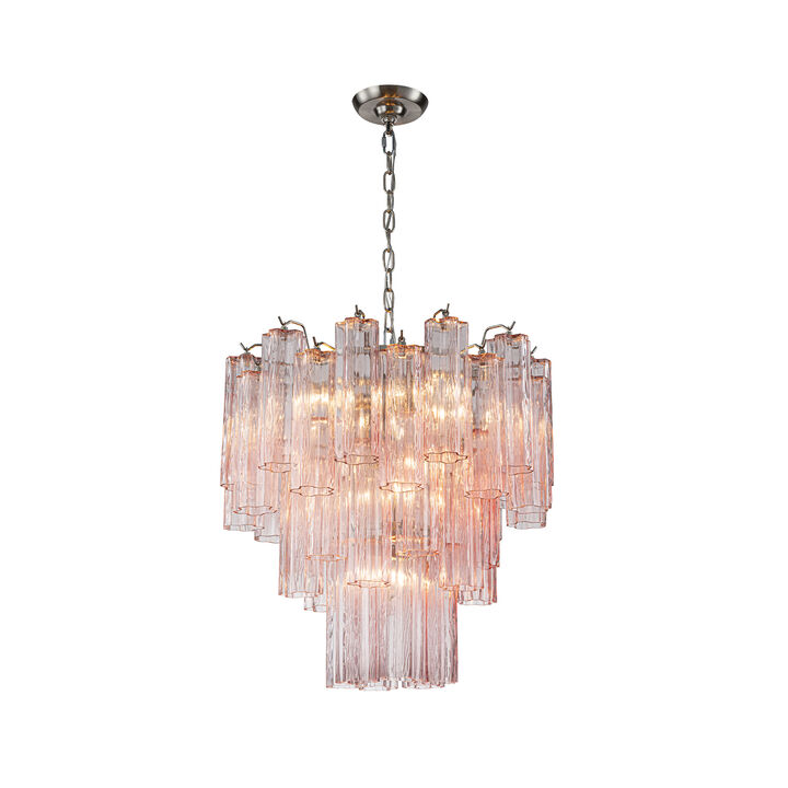 23'' Modern Pink Textured Glass Chandelier in Polished Nickel Elegant Glam Tiered Pendant Light for Dining Room or Wedding Venue