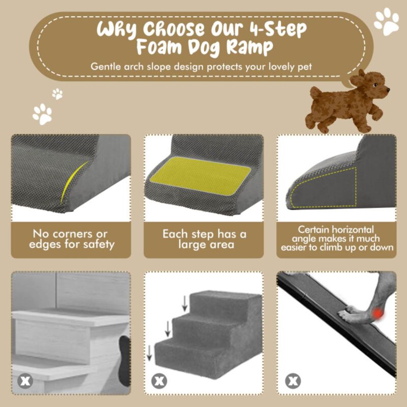 4-Tier Foam Non-Slip Dog Steps with Washable Zippered Cover