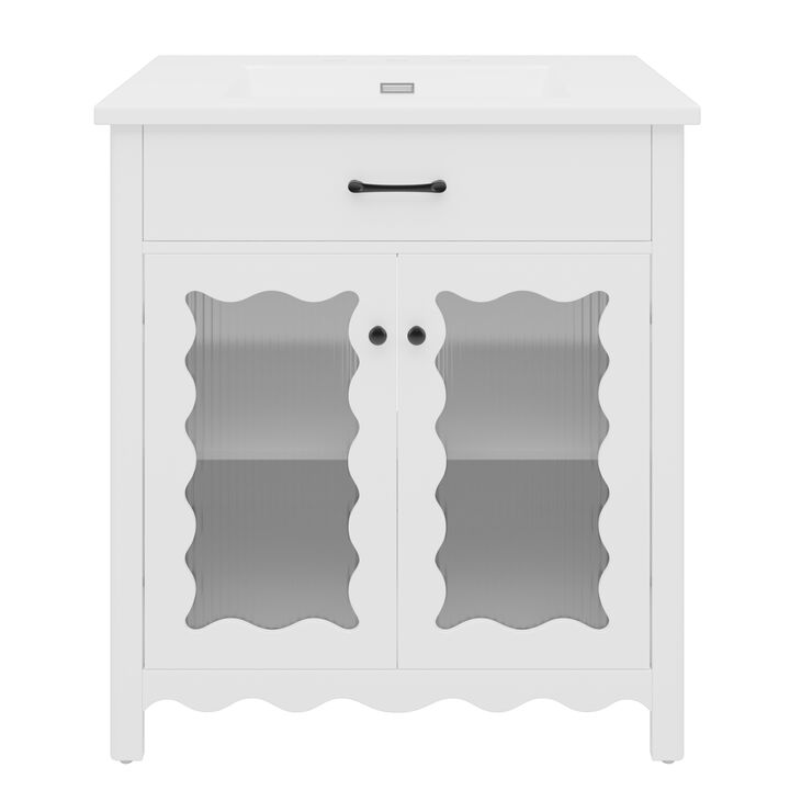 31" Modern Bathroom Cabinet with Tempered Glass, White