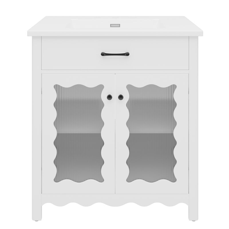 31" Modern Bathroom Cabinet with Tempered Glass, White