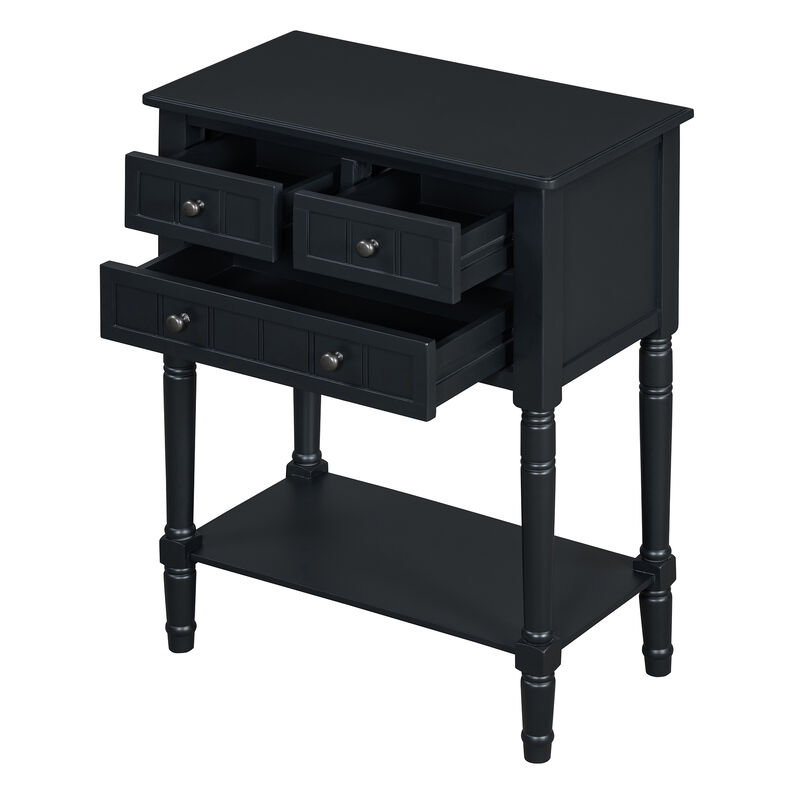 Whisen Narrow Console Table with Three Storage Drawers and Bottom Shelf - Black