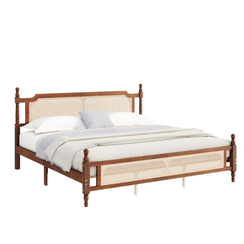 Whisen King Pine Wooden Bed with Rattan Headboard and Footboard, with Central Enhanced Bed Platform image number 0