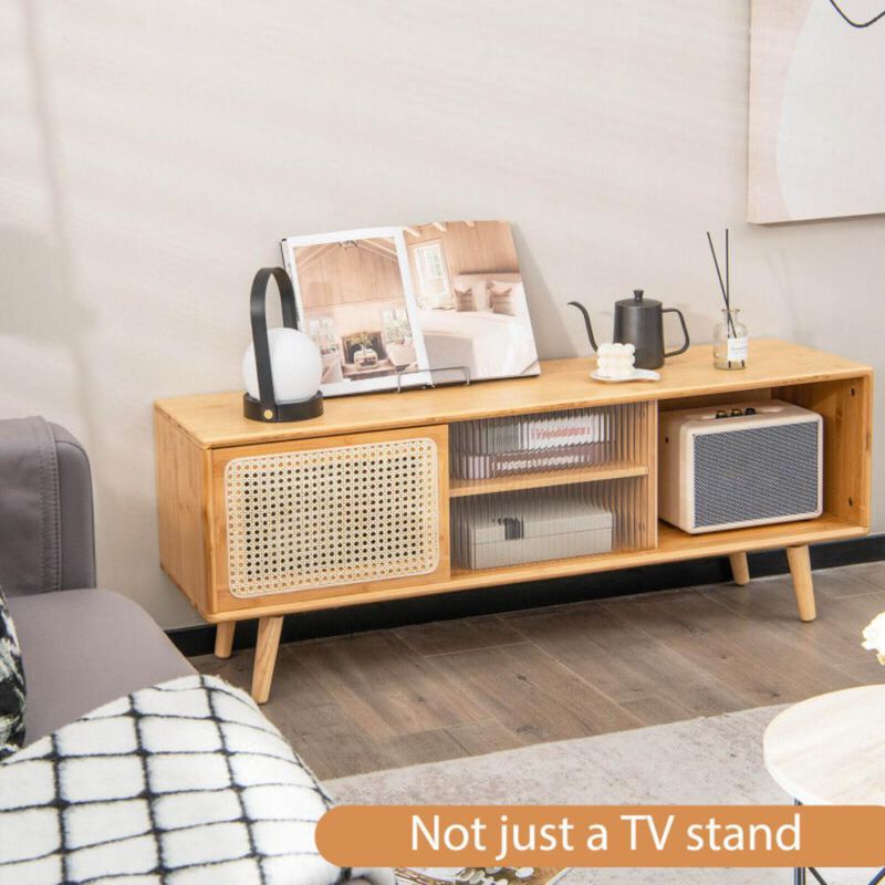 Hivvago Modern TV Stand with Rattan Glass Sliding Doors