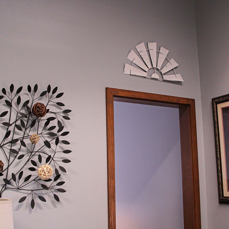 24 Inch Weathered White Metal Half-Windmill Wall Sculpture Rustic Home Decor Art image number 5