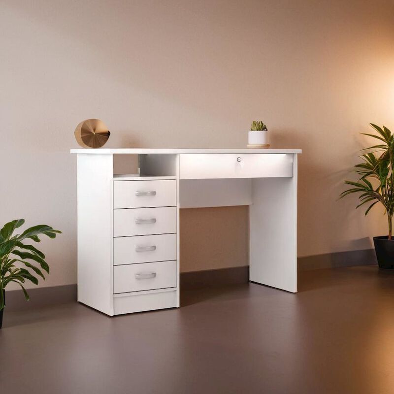 FurniFact Elegant White Computer Desk Featuring Five Drawers and Open Shelf Design