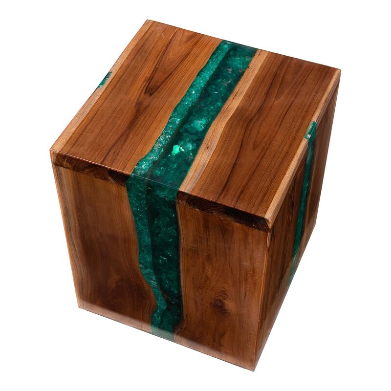 bali & pari Anan Teak Wood Epoxy Resin End Table - Live Edge Cube Side Table, Handcrafted Modern Rustic Accent Table for Living Room or Bedroom, Cube