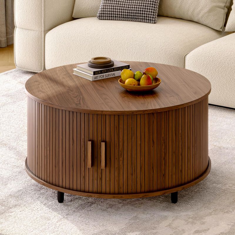 Round Coffee Table 31.5" 360&deg; Sliding Door Storage Fluted Wood Living Room image number 4