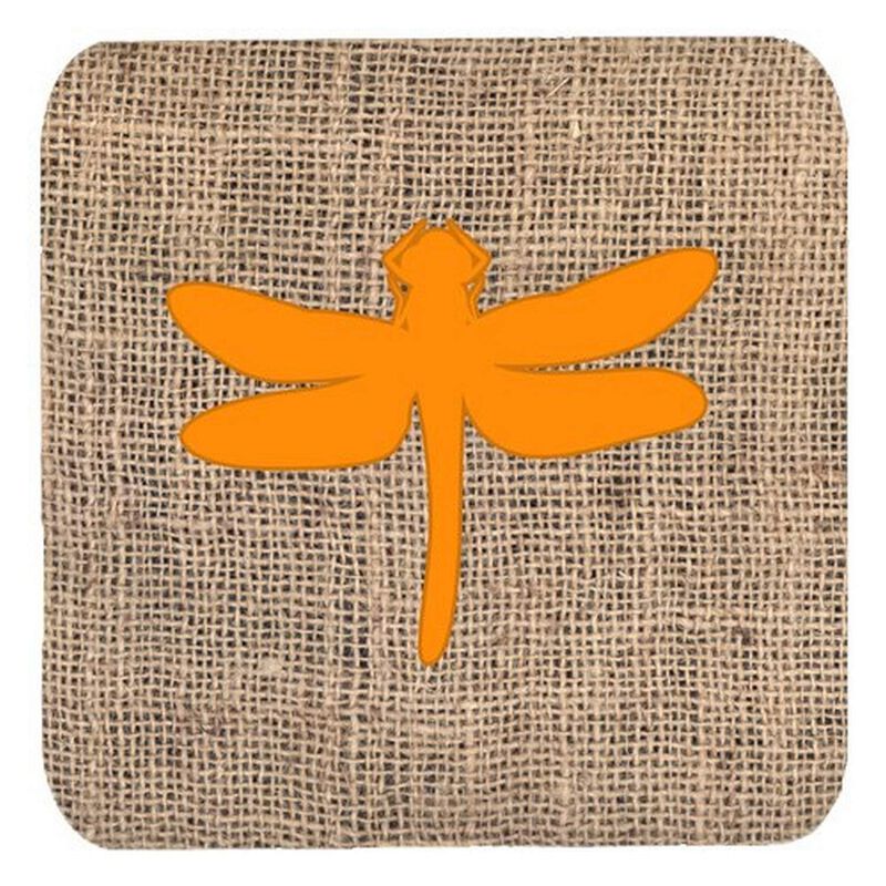 Caroline's Treasures BB1062-BL-OR-FC Dragonfly Burlap and Orange Foam Coasters (Set of 4), 3.5 H x 3.5 W, Multicolor