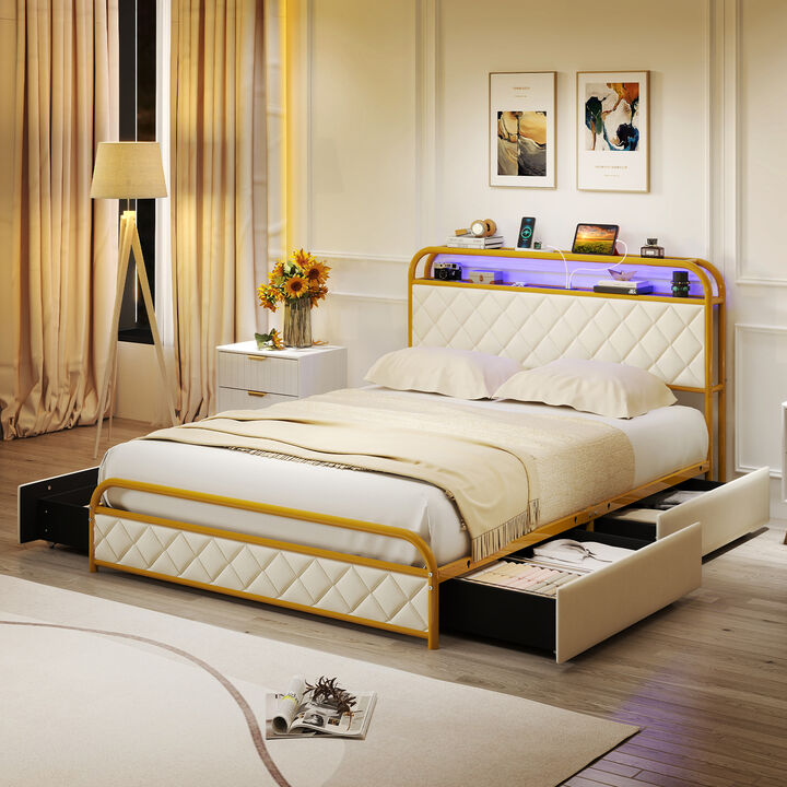 Bed Frame with LED Lights and Built-In Charging Station, Modern Bedroom Furniture