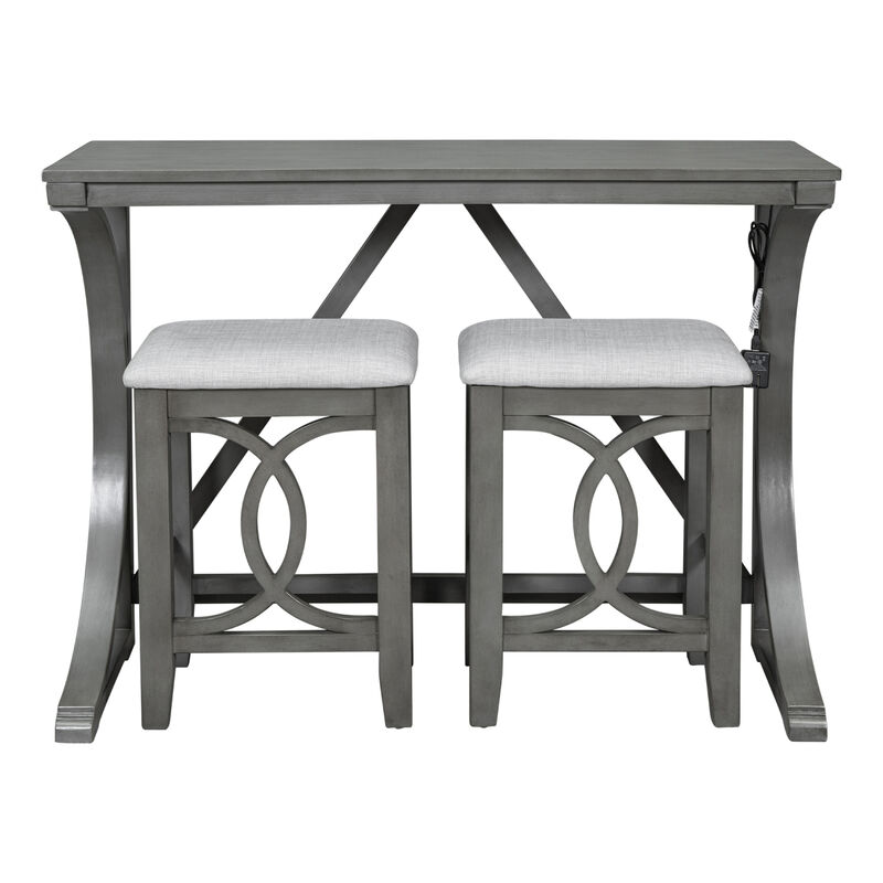 Farmhouse 3-Piece Counter Height Dining Table Set with USB Port and Upholstered Stools, Espresso image number 4