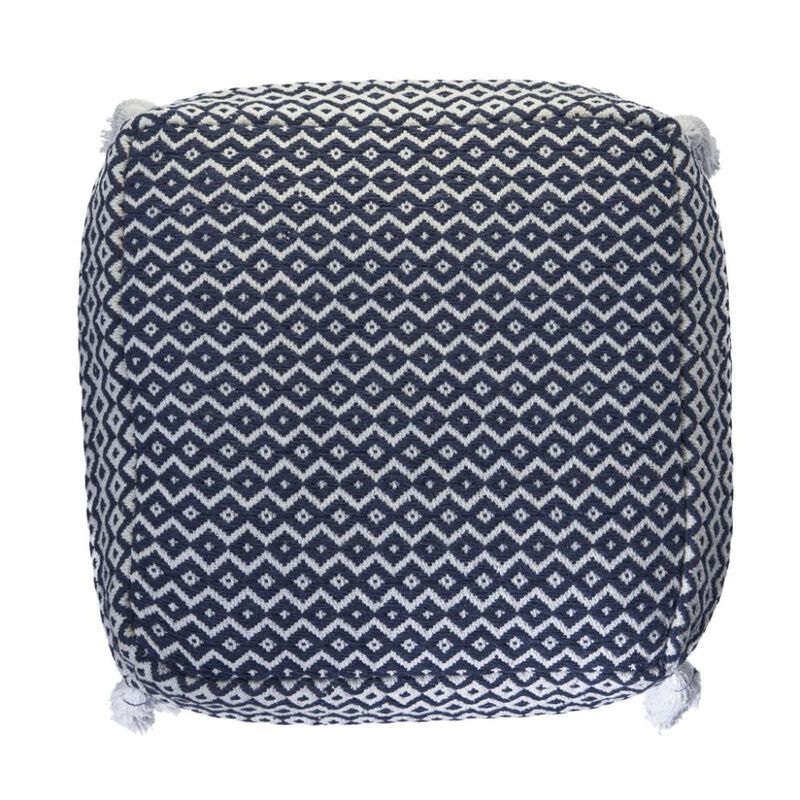Hivvago 18 Inch Blue Cotton Geometric Pouf Ottoman