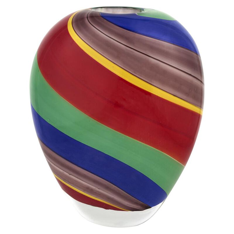 Hivvago 9 Inch Red Blue and Green Striped Round Glass Table Vase