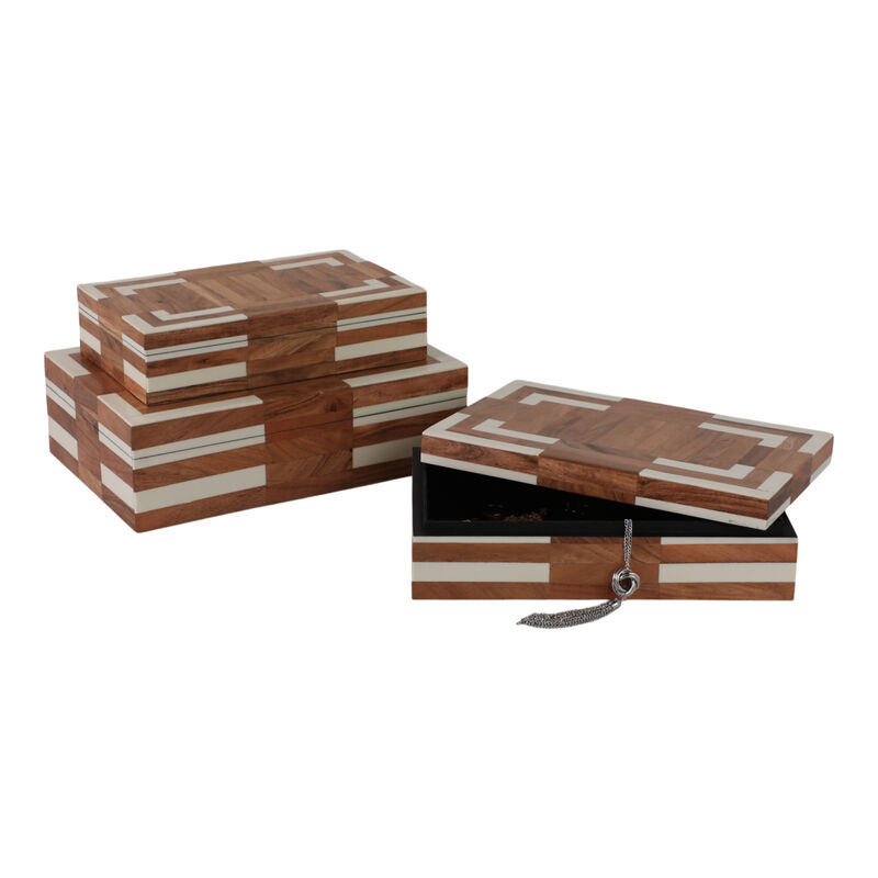 S/3 10/11/12" Wood Inlay Boxes, Natural/ivory image number 2