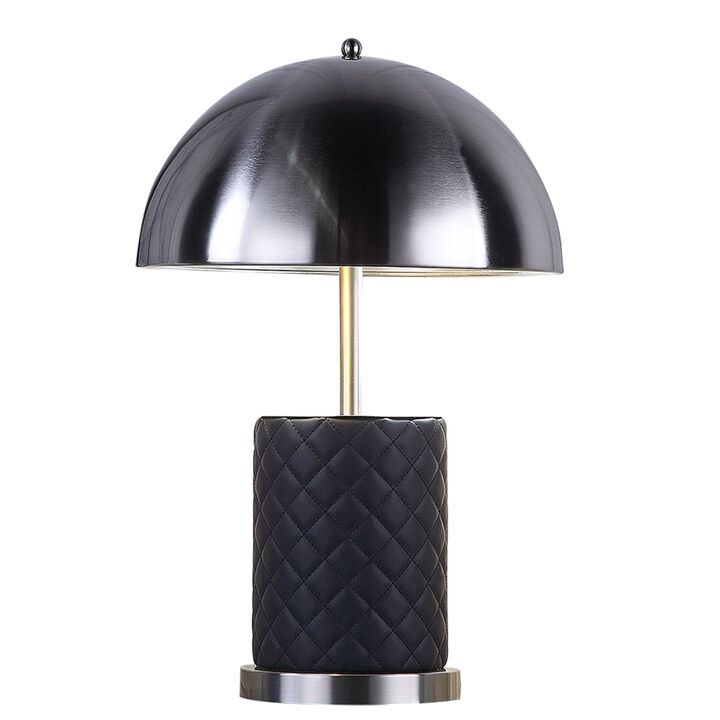 Aria 21 Inch Table Lamp, Round, Dome Shade, Dark Silver, Black Faux Leather - Benzara