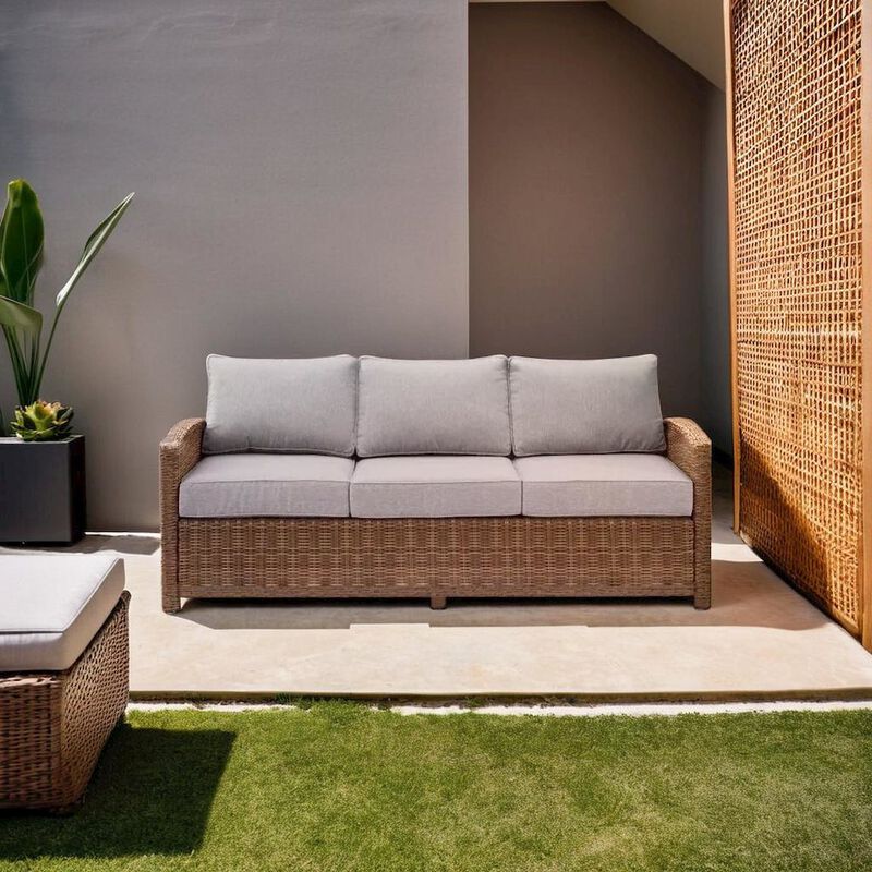 FurniFact Elegant Beige Outdoor Sofa with All-Weather Resin Wicker Design